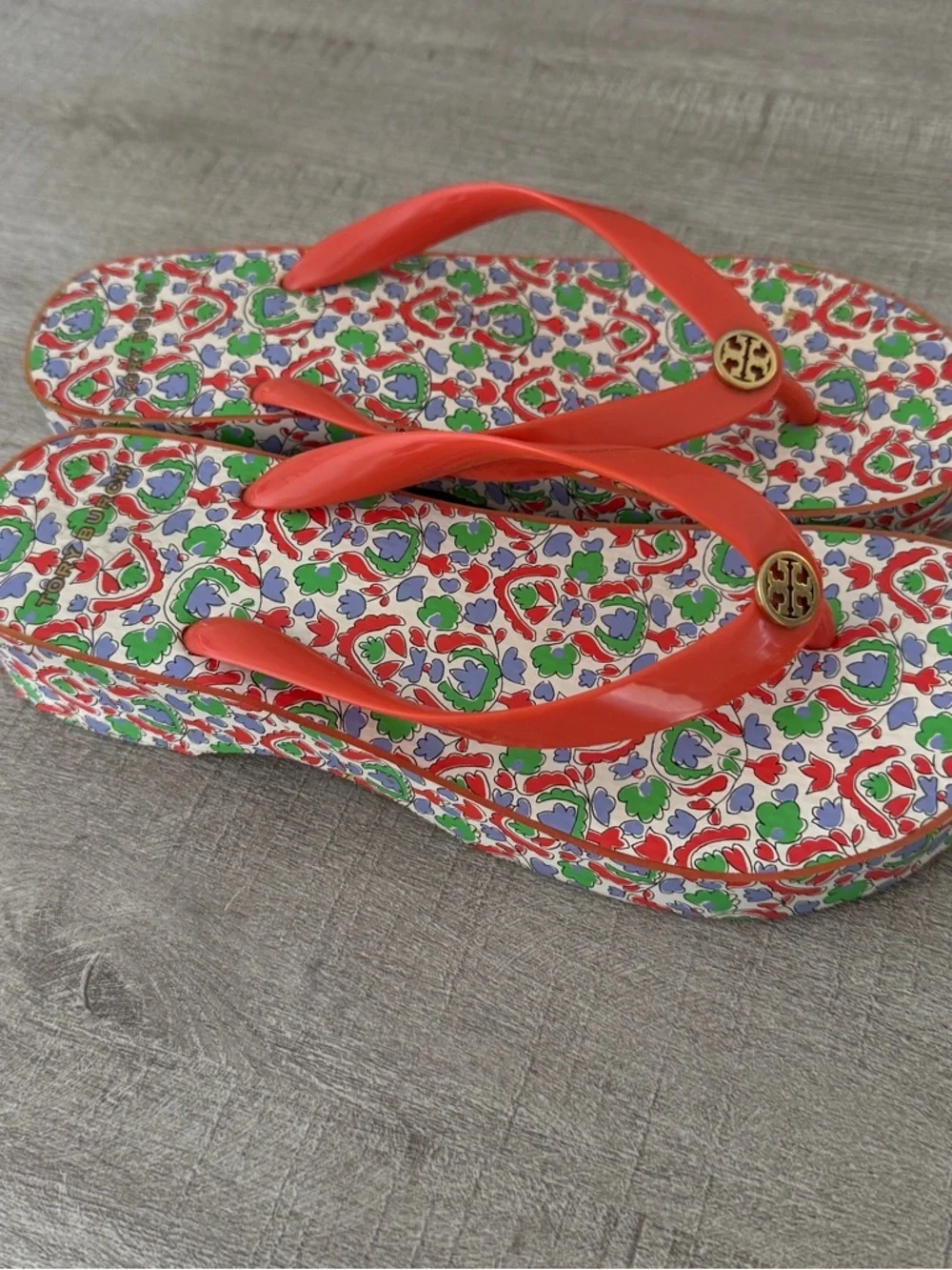 Tory Burch Wedge Flip Flop Sandals Orange Green Size 10